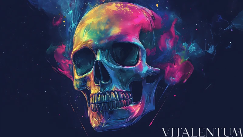 Neon skull glows against deep cosmic void with vapor trails