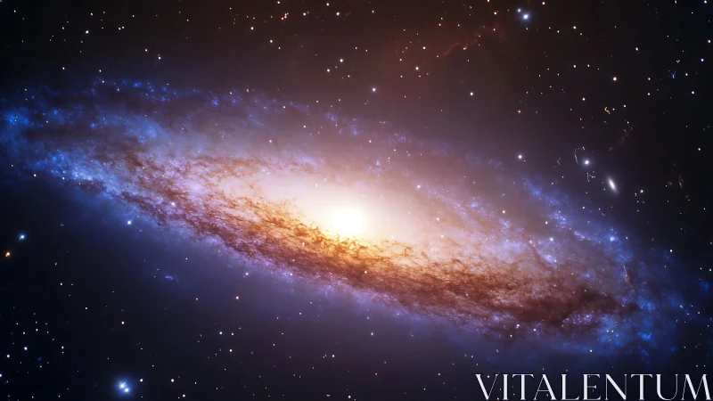 Spiral galaxy core glowing through blue cosmic dust.