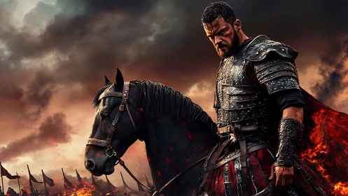 Armored warrior on horseback amid burning battlefield.