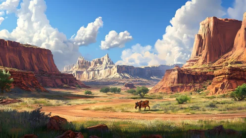 Arid canyon basin with lone pack mule under cumulus sky.