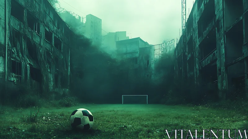 Abandoned urban soccer field lies silent in green mist.