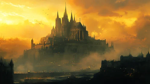 Gothic citadel cathedral in sulfurous dusk atmospheric haze