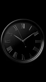 Black analog wall clock with metallic Roman numeral markers