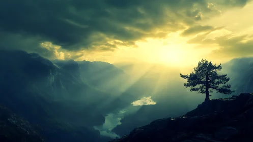 Singular conifer on ridge under volumetric crepuscular rays.