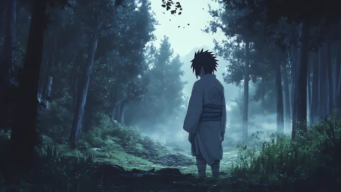 Solitary anime figure observes misty forest path at dawn
