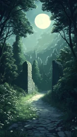 Moonlit Forest Path Between Ancient Stone Pillars