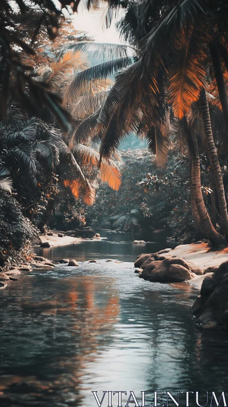 Tropical river channel framed by dense palm vegetation.