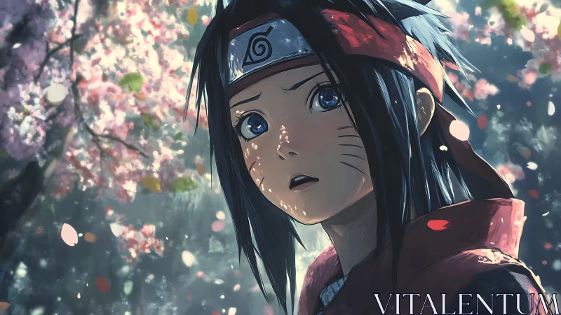 Wonderstruck ninja youth pauses under drifting blossoms