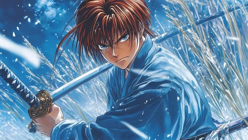 Samurai swordsman stands poised in a storm of flying ice shards