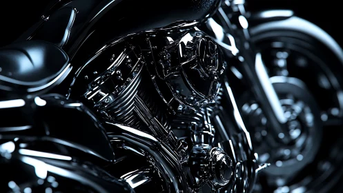 Chrome motorcycle engine gleams in dramatic studio lighting.