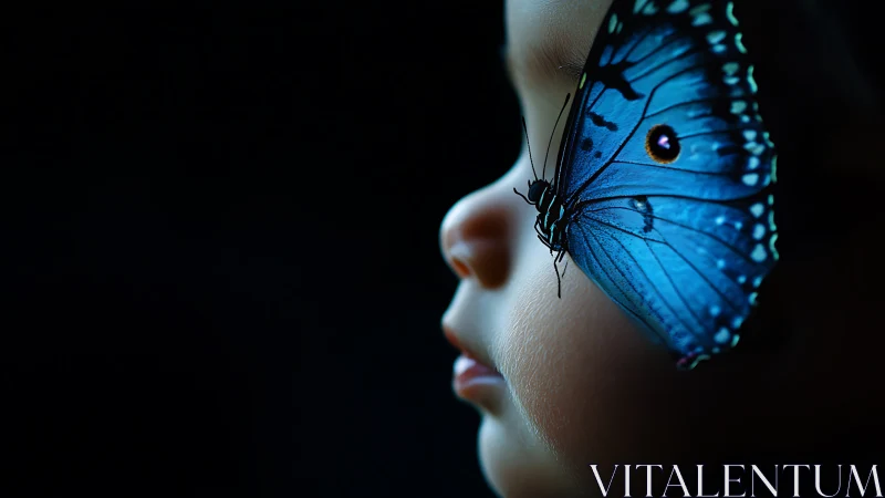 Close child profile with blue butterfly on face in shadow.