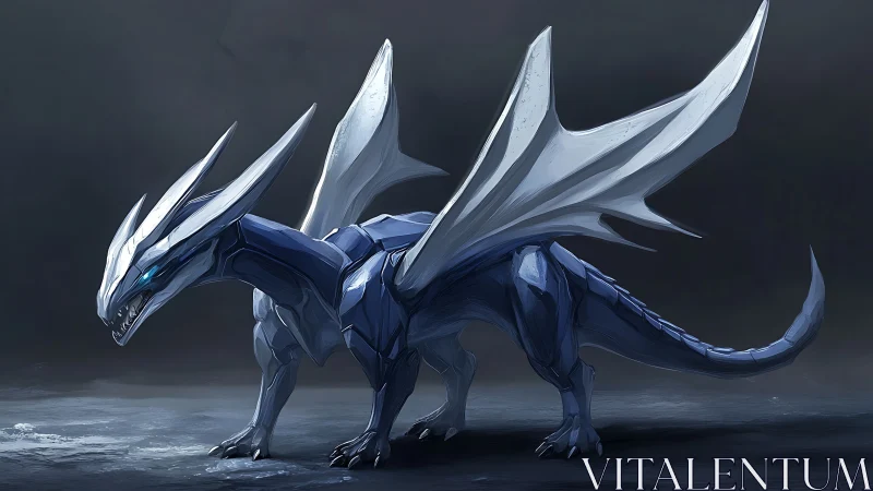 Metallic blue dragon with sharp wings on dark ground.