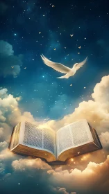 Open illuminated book and ascending dove in luminous celestial sky