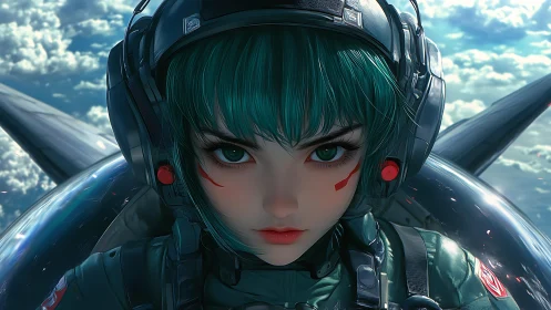 Cybernetic jet pilot portrait with teal hair and combat helmet