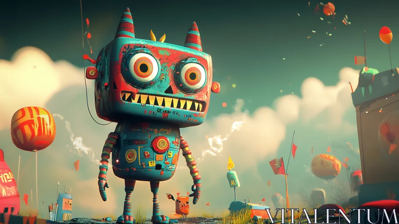 Whimsical festival robot with stylized textures and exaggerated proportions