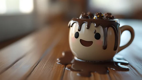 Smiling chocolate mug friend melting into cozy sweetness.