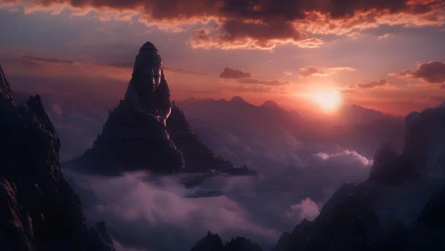 Sunrise bathes a serene mountain temple above soft clouds