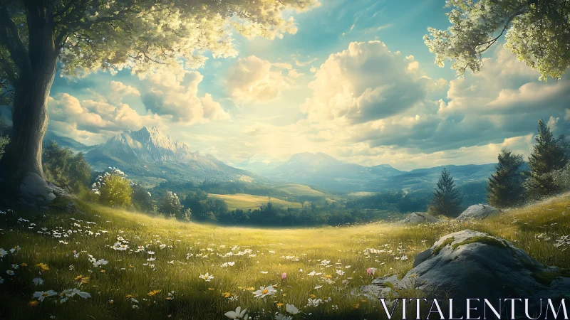 Sunlit wildflower valley opening toward peaceful mountains.