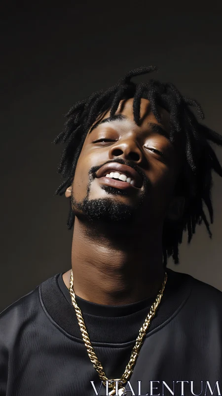 Relaxed glow and quiet confidence in a golden chain portrait.