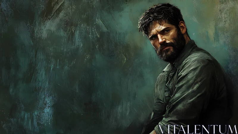 Brooding wanderer framed in storm-swept teal shadows.