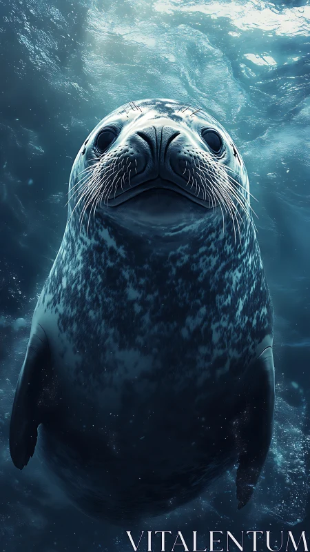 Curious spotted seal drifting softly through blue ocean.