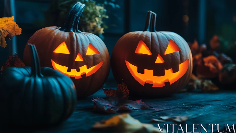 Glowing jack-o’-lantern pumpkins cast a cozy Halloween mood.