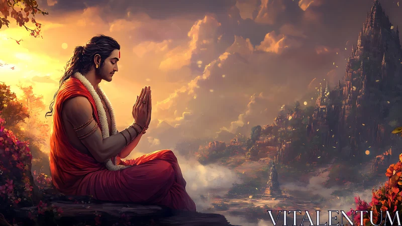 Golden sunset blesses serene monk in peaceful mountain prayer