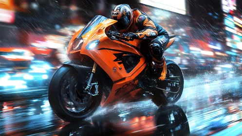 Neon rain racer carves light trails through the wet city night.