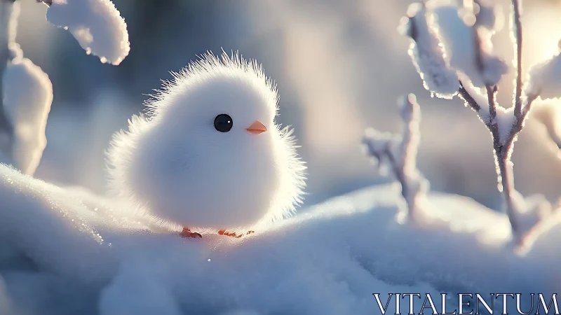 Winter Petite: Fluffy Arctic Chick in Frost-Laden Landscape.