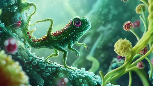 Microscopic jungle lizard rendered in bioluminescent 3D detail.