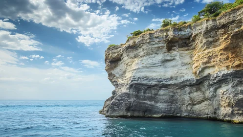 Coastal rock cliff face above calm open sea under sky.