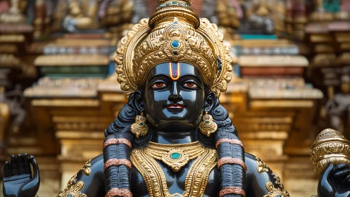 Detailed black stone Hindu deity statue with gold ornaments.