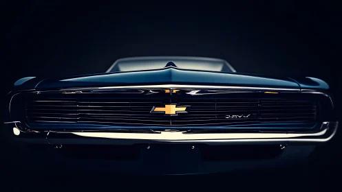 Bold classic Chevy front glows softly against deep darkness