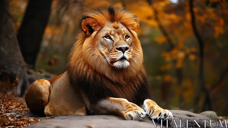 Male lion resting on rock in sharp autumn forest light.