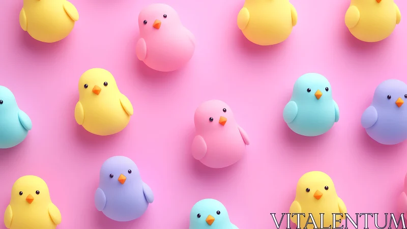 Playful pastel bird pattern on smooth pink backdrop.