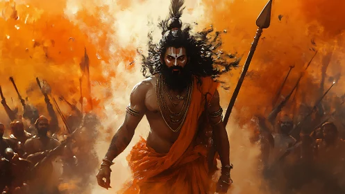 Warrior ascetic strides through blazing orange battlefield mist