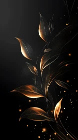 Luminous metallic leaves curve over black field with particle glow