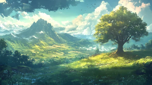 Luminous valley panorama with solitary oak and stratified peaks.