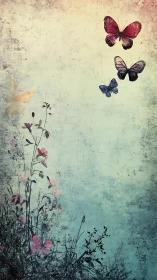 Butterflies and wildflowers on textured pastel background.