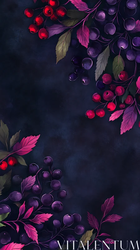 Midnight berries and leaves glowing with quiet warmth.