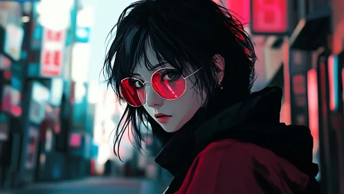 Neon-lit girl in red sunglasses walks through blurred city night.