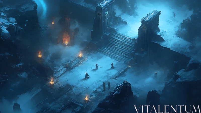 Mystic heroes cross a frozen ruin glowing with ancient fire