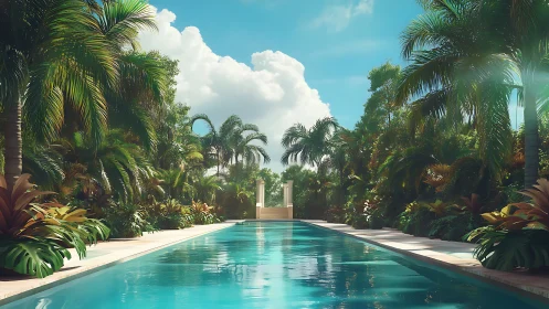 Symmetrical tropical pool garden under luminous midday sky.