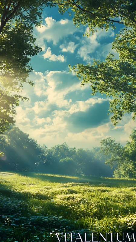 Sunlit forest meadow with dramatic volumetric sky lighting.