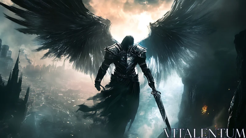 Armored dark angel dominates storm-lit ruined metropolis skyline