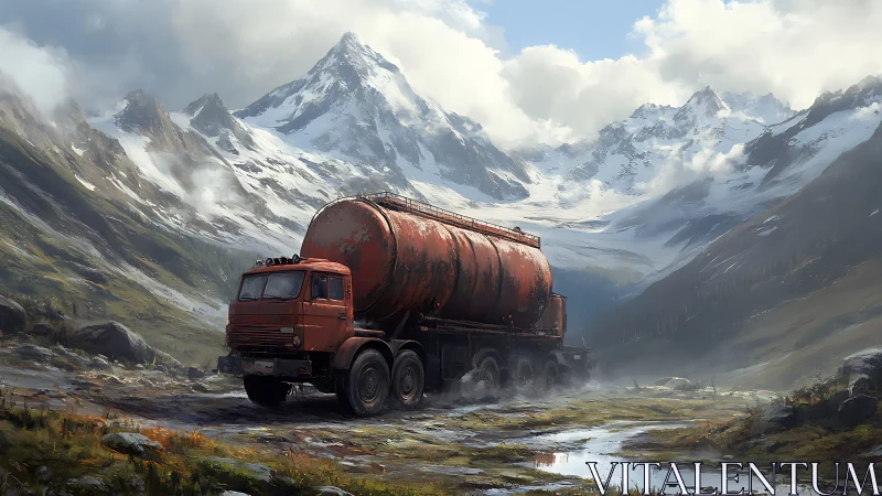 Weathered tanker truck contrasts against expansive alpine valley