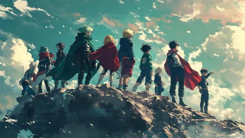 Young heroes stand on a rocky peak beneath a vast sky