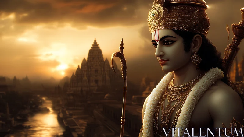 Divine warrior prince overlooks golden riverside temple city