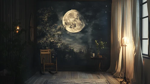 Interior moonlit vista with hyperreal window-wall illusion.