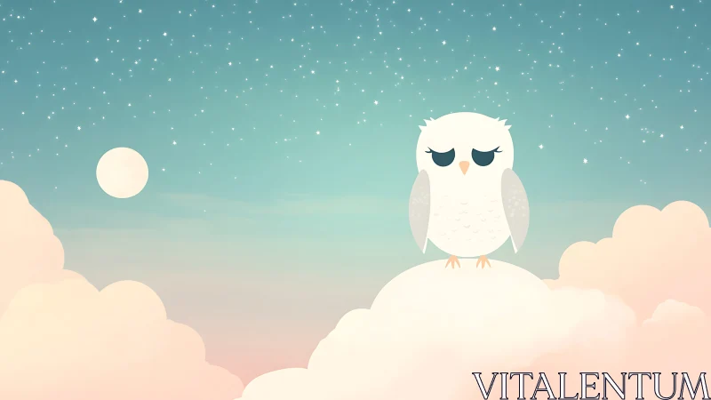 Sleepy white owl on pastel clouds under a starry night sky illustration.